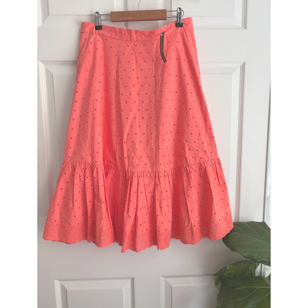 NWT J.Crew Tiered Midi Skirt Eyelet Poplin Size 8 Coral Neon Flame Papaya Pink